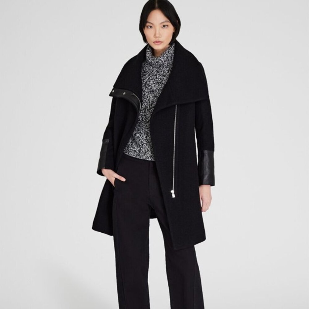 Club Monaco Halli Coat in Black, Women Size Small, 100% Wool w/100% Leather Trim